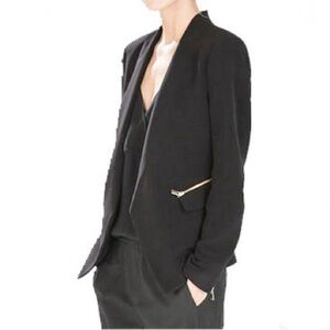 Zara Black Open Front Gold Zippers Asymmetric Hem Blazer Jacket Size Medium